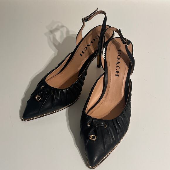 Coach Black Leather Slingback Heels w/ Gold Bead Detail | Size 7 - Picture 3 of 10